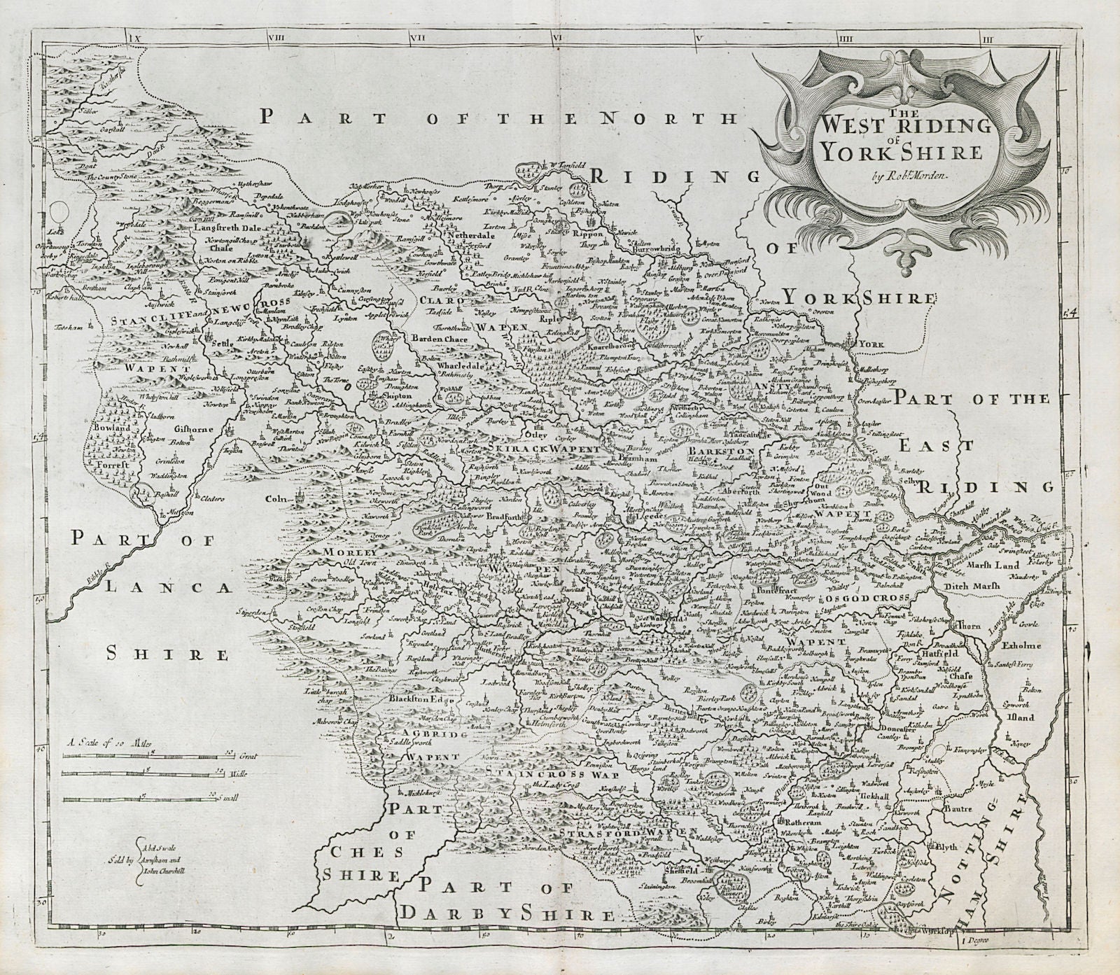WEST RIDING OF YORKSHIRE by ROBERT MORDEN from Camden's Britannia 1722 old map